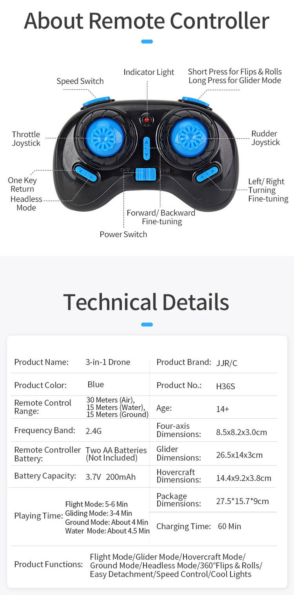 JJRC H36S 4 IN 1 Flying Drone Boat Flight Glider Hovercraft Ground Mode Detachable RC Quadcopter RTF - Two Batteries