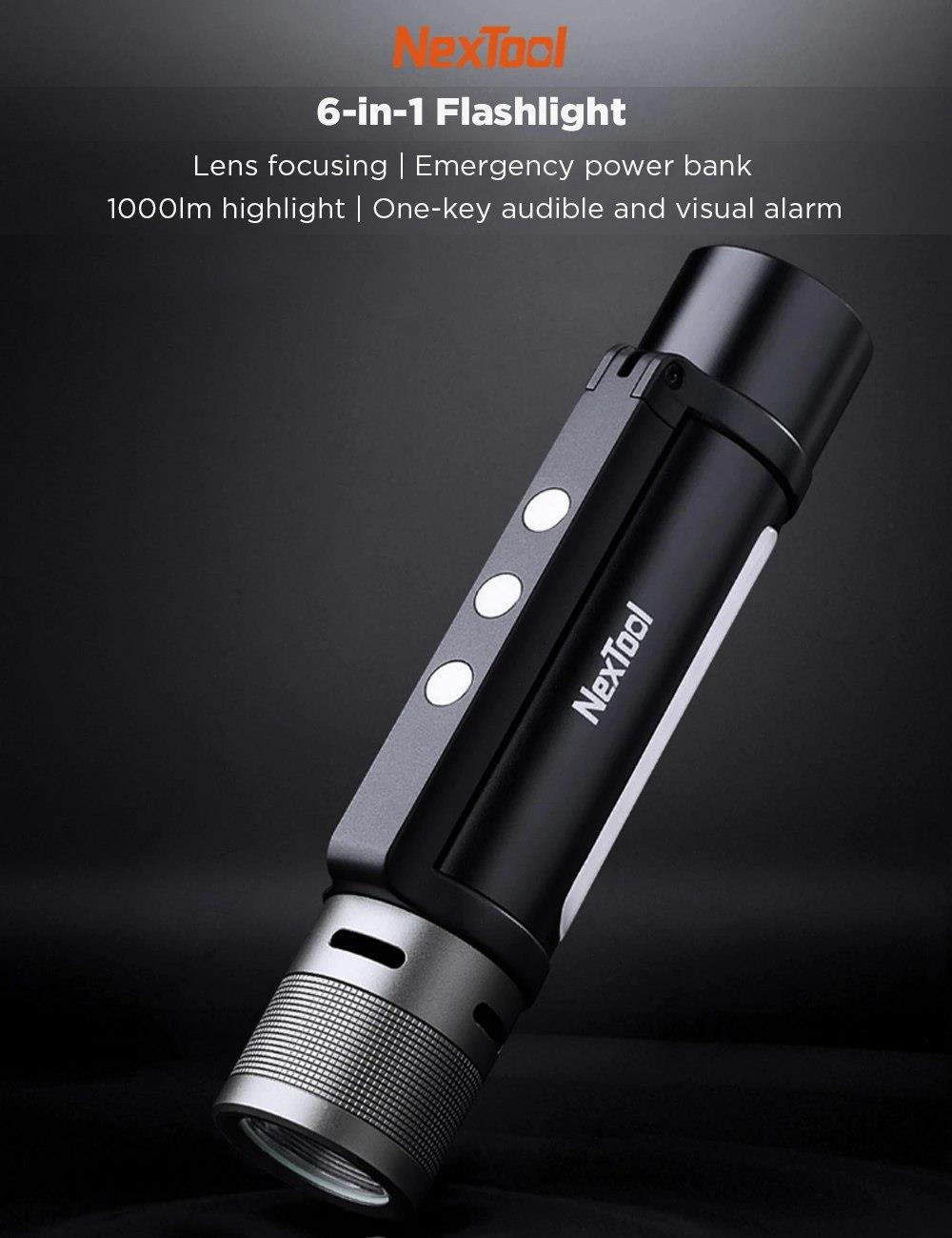 Nextool Outdoor Portable 6-in-1 LED Flashlight 1000 Lumens Lens Telescopic Focusing One-click Alert USB Charging IPX4 Waterproof From Xiaomi Youpin - Black