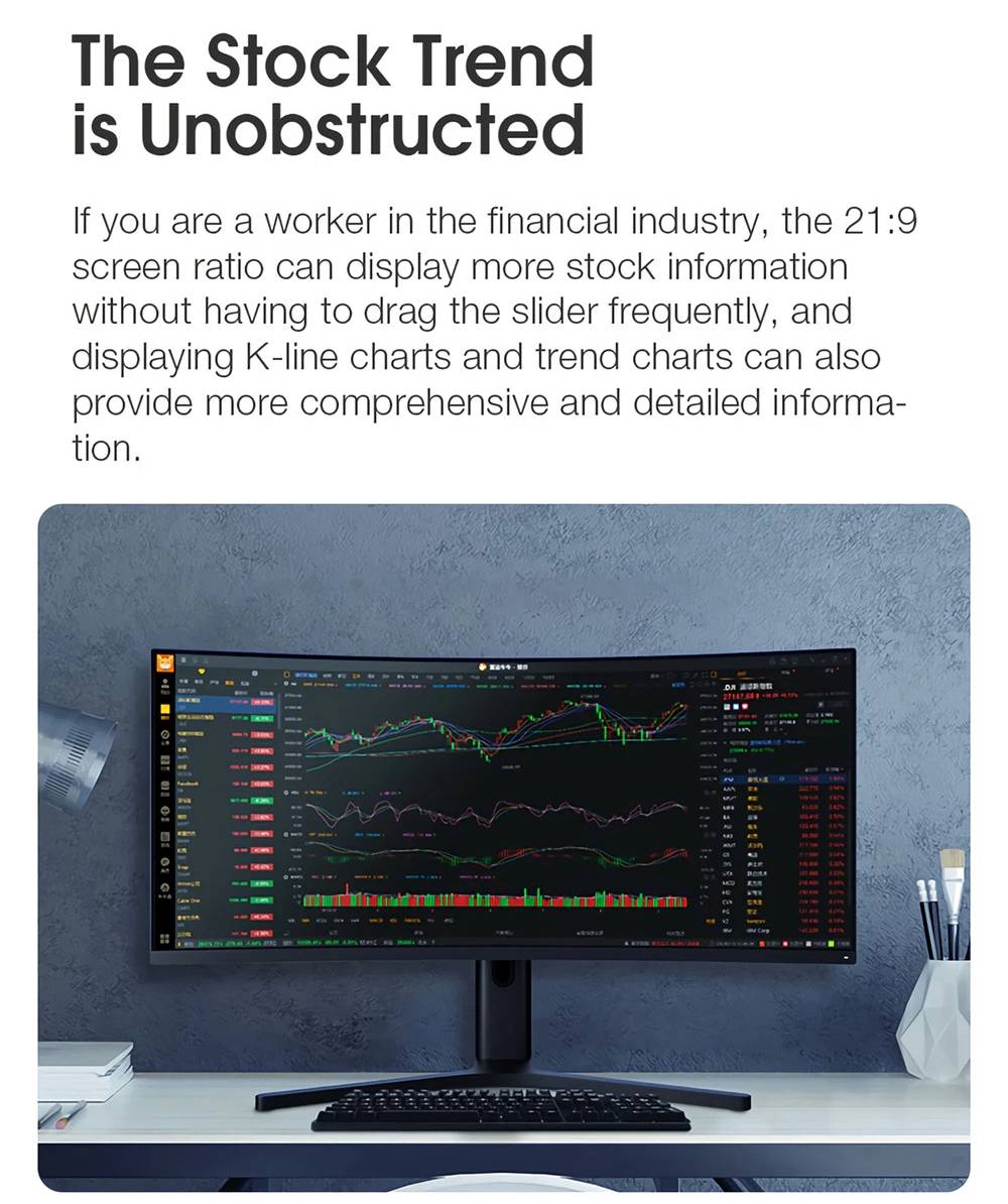 Original Xiaomi Curved Gaming Monitor 34 Inch 21:9 Bring Fish Screen 144Hz High Refresh Rate 1500R Curvature WQHD 3440*1440 Resolution 121% sRGB Wide Color Gamut Free-Sync Technology Display - Black