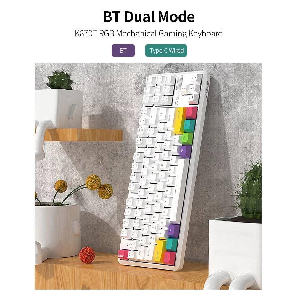 AJAZZ K870T Bluetooth Wired Dual Mode Keyboard RGB 87 Keys Mekaniskt speltangentbord - Vit