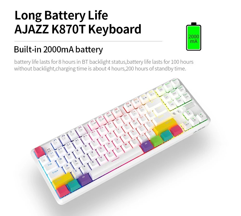 AJAZZ K870T Bluetooth Kablolu Çift Modlu Klavye RGB 87 Tuşlar Mekanik Oyun Klavyesi - Beyaz