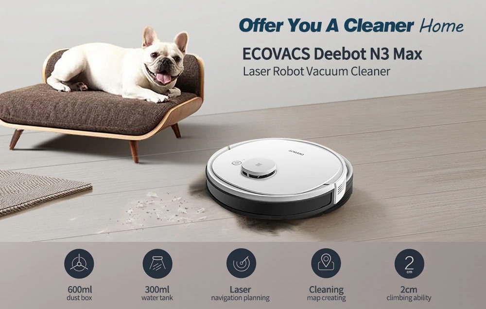 ECOVACS Deebot N3 Max Laser Robot Vacuum Cleaner with Mop APP Control Home Cleaning Sweeping Machine Voice Control Support Alexa Google EU Version - White