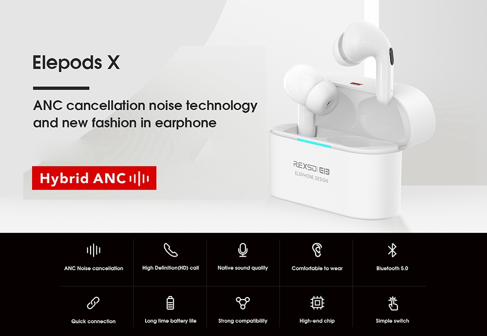 Elephone Elepods X ANC TWS Earbuds Bluetooth 5.0 Active Noise Canceling with Mic - White