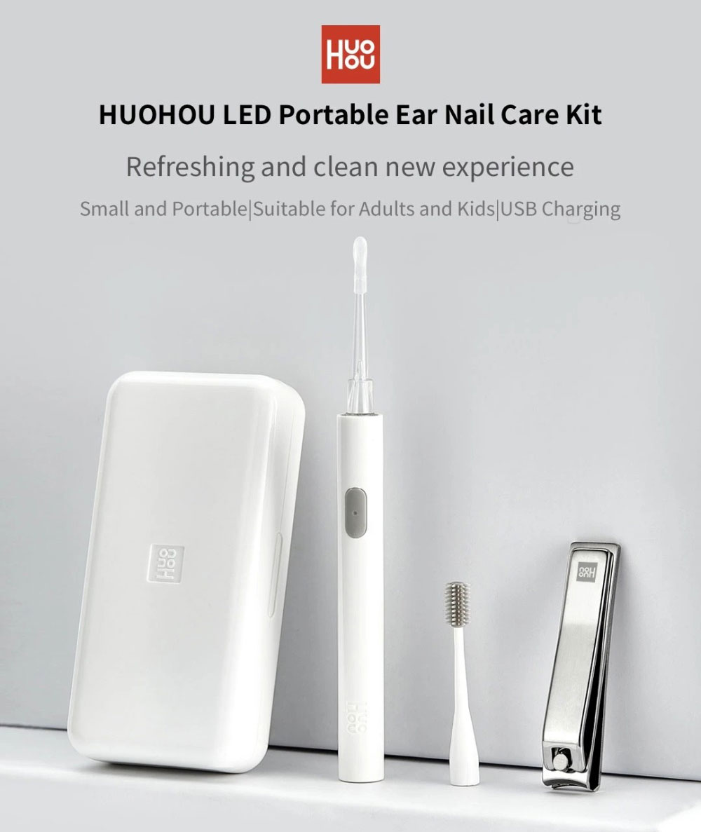 HUOHOU LEDポータブルリムーバブルネイルクリッパーイヤーピックケアセットシリコンヘッドギアUSB充電大人向け子供向け-ホワイト