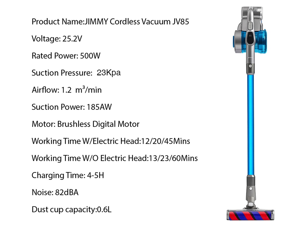 Aspirador de pó portátil sem fio inteligente JIMMY JV85 23000Pa Sucção 500W Motor sem escova 60 minutos Tempo de funcionamento Visor LED Versão global - azul