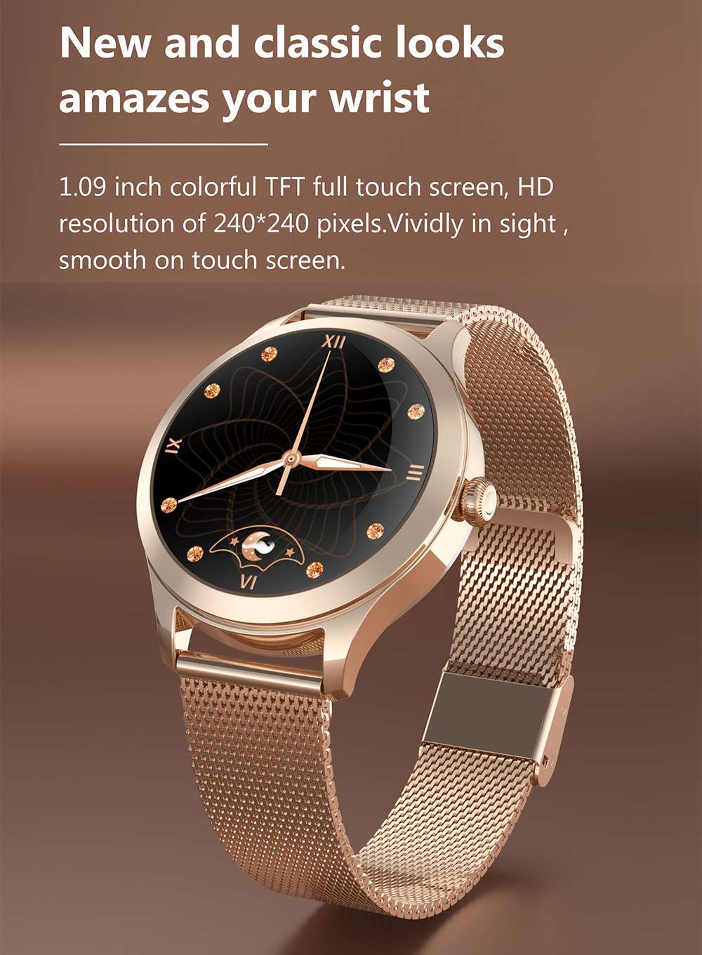 KW10 PRO Women Smartwatch 1.09 Inch Round TFT Screen IP68 Water Resistant Heart Rate Sleep Tracker APP Bluetooth Multi-language - Gold