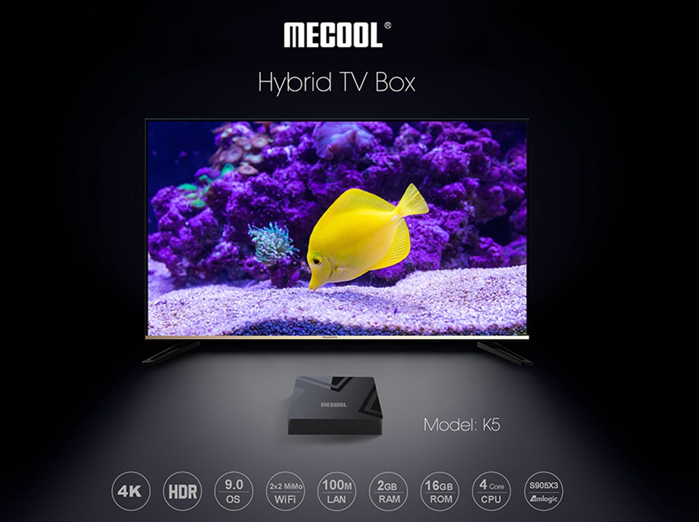 Mecool K5 DVB-T2 DVB-S2 2 GB / 16 GB Android 9.0 TV-Box Amlogic S905X3 CCcam Newcam Biss Key