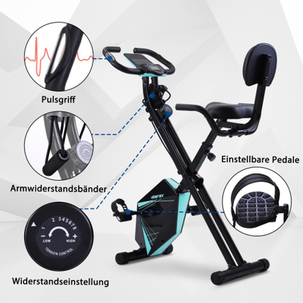 Bicicleta de ciclismo dobrável Merax com tela de LCD ajustável em altura e faixas de resistência de braço para treino interno - azul
