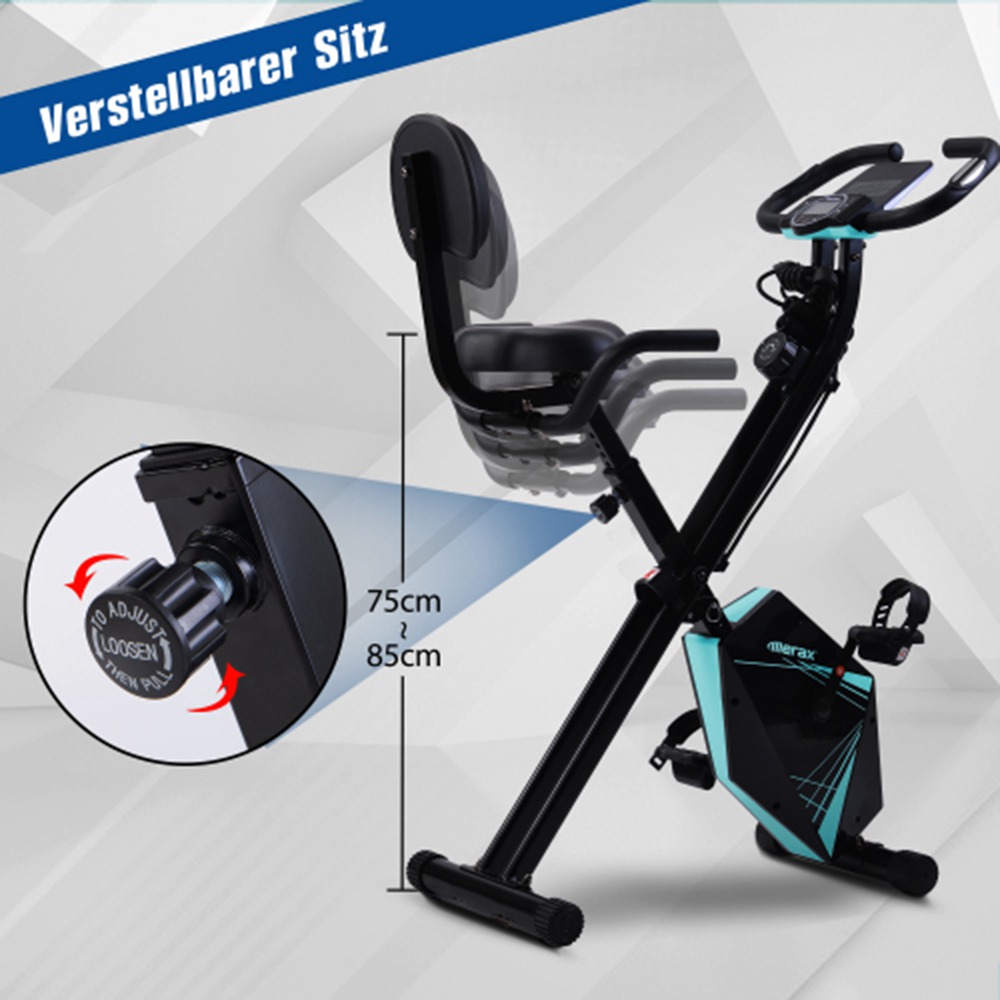 Bicicleta de ciclismo dobrável Merax com tela de LCD ajustável em altura e faixas de resistência de braço para treino interno - azul