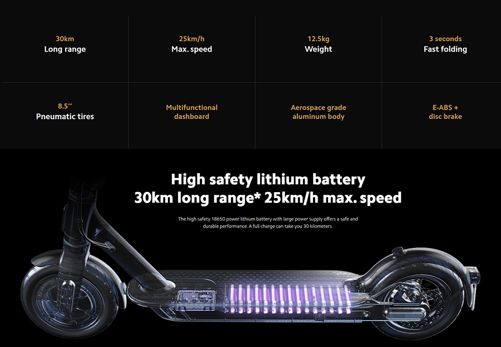 Mi Electric Scooter 1S 8.5 Inch Xiaomi Folding Electric Scooter 250W Brushless Motor Up To 30km Range Max speed 25km/h Smart Display Dual Brake Global Version - Black