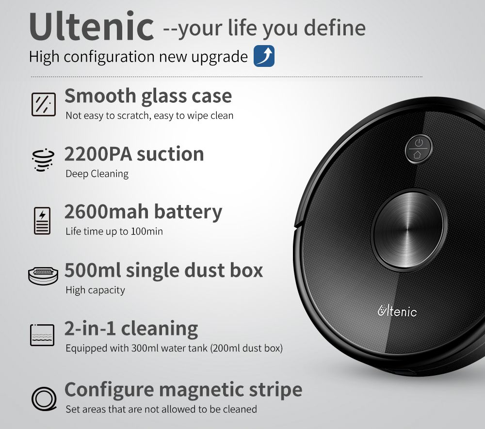 Proscenic Ultenic D5 Robot Vacuum Cleaner 2200Pa Max Suction Wi-Fi & Alexa Control Super-Thin Auto Carpet Boost - Black