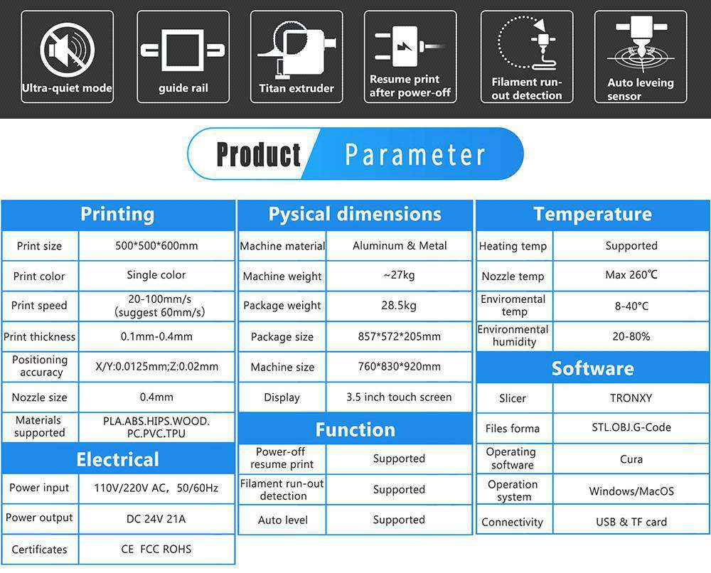 Tronxy 3D X5SA-500 Pro Upgraded FDM 3D Printer 500*500*600mm Linear Guide Titan Extruder CoreXY Ultra Silent Mainboard