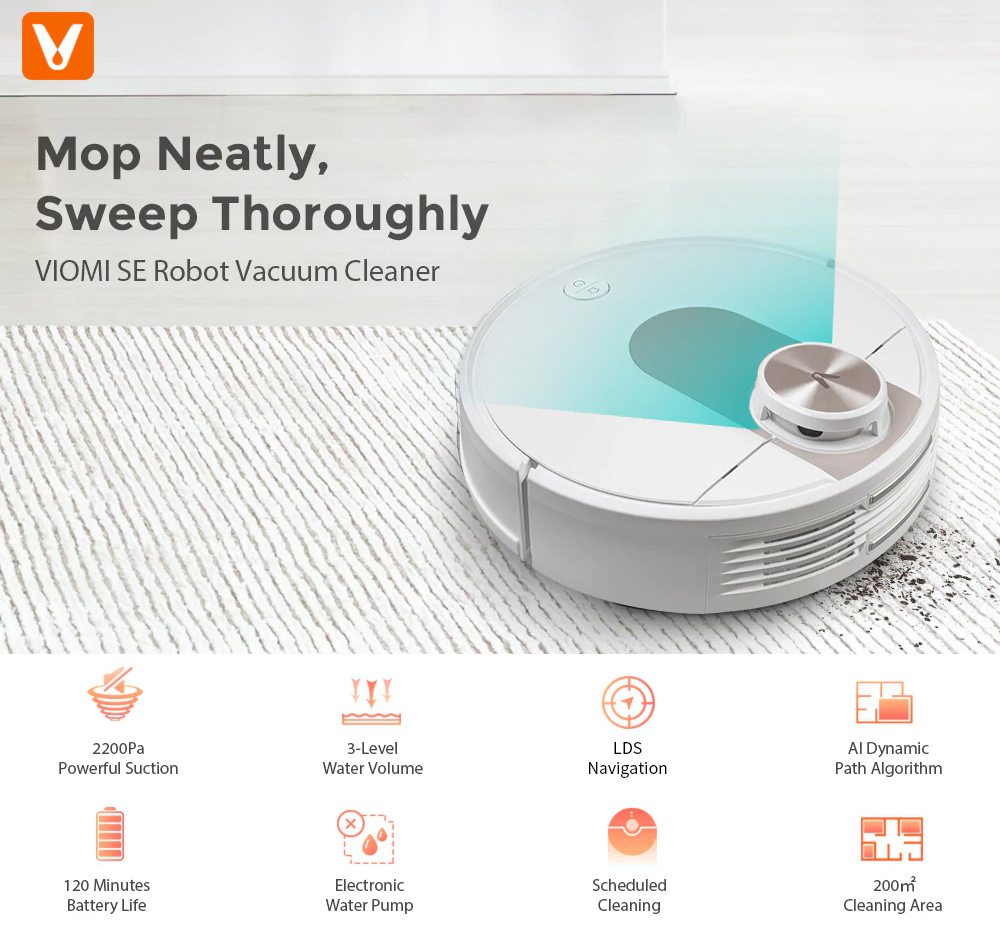 Xiaomi VIOMI SE Robot Vacuum Cleaner 2200Pa LDS Intelligent Electric Control Tank 2 in 1 Sweeping Mopping Save 5 Maps 7 An Appointment EU Plug - White