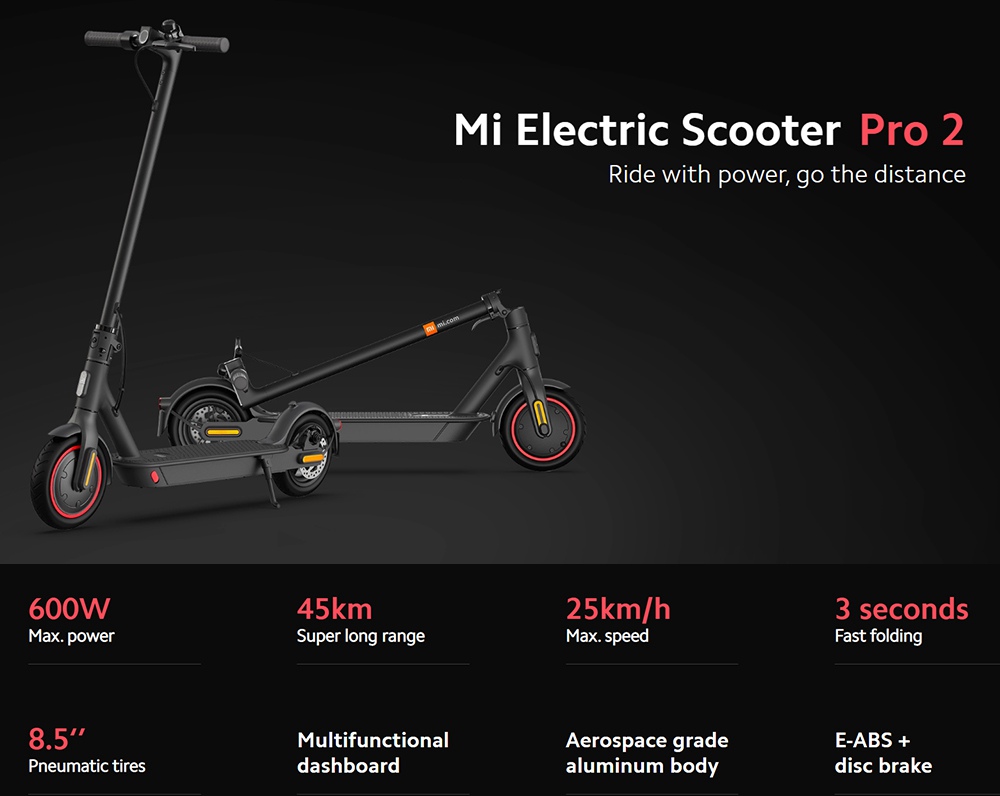 Xiaomi Mi Foldable Electric Scooter Pro 2 Max Speed 25km/h 300W Brushless DC Motor 45km Travel Distance 12800mAh Battery BMS Mijia APP Global Version - Black
