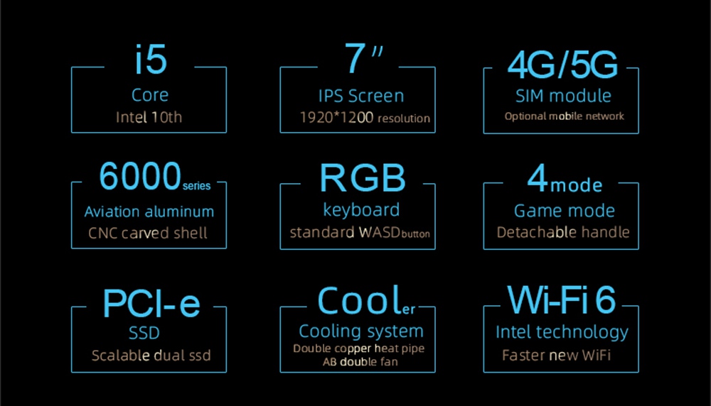 One Netbook OneGx1 Gaming Laptop 7-inch 1920x1200 i5-10210Y 8GB RAM 256GB SSD WiFi 6 Windows 10 4G Version - Blue