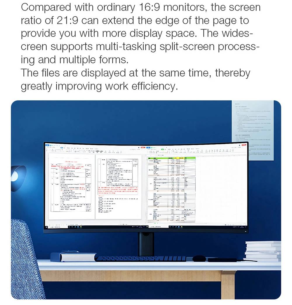Original Xiaomi Curved Gaming Monitor 34 Inch 21:9 Bring Fish Screen 144Hz High Refresh Rate 1500R Curvature WQHD 3440*1440 Resolution 121% sRGB Wide Color Gamut Free-Sync Technology Display - Black