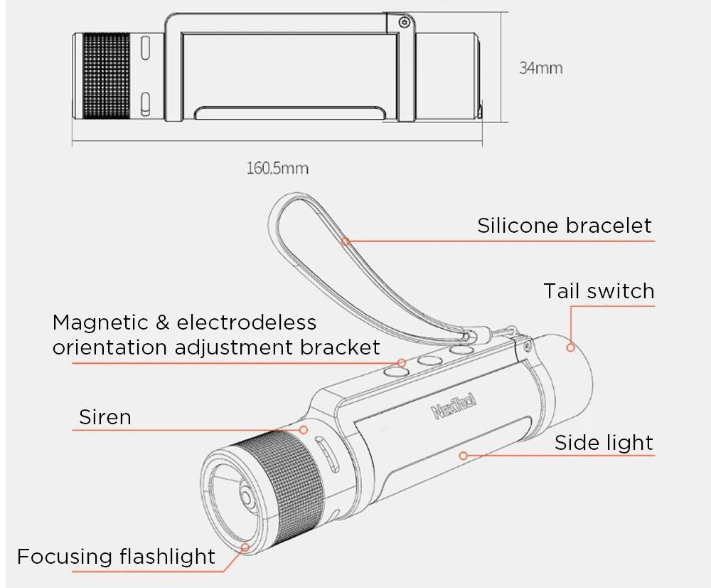 Nextool Outdoor Portable 6-in-1 LED Flashlight 1000 Lumens Lens Telescopic Focusing One-click Alert USB Charging IPX4 Waterproof From Xiaomi Youpin - Black