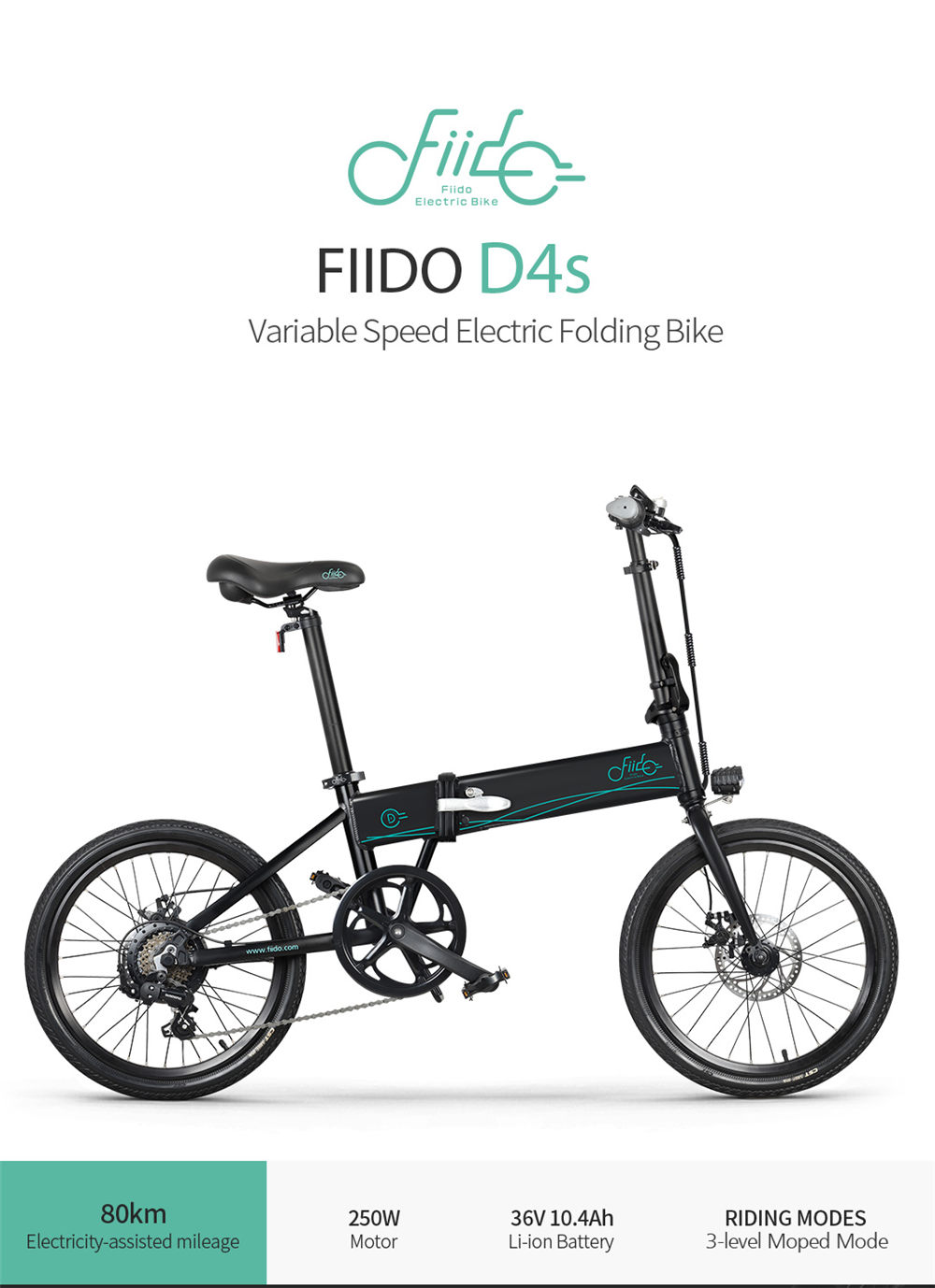 FIIDO D4S Folding Moped Electric Bike Shimano 6-speed Gear Shifting City Bike Commuter Bike 20-inch Tires 250W Motor Max 25km/h 10.4Ah Battery up to 80KM Mileage Range - Black