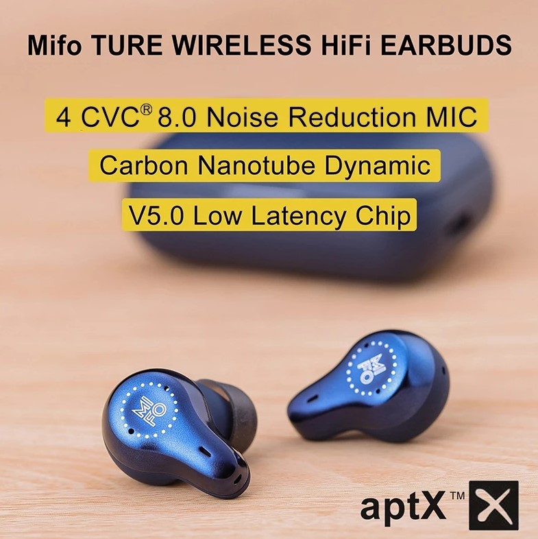 Mifo O7 Bluetooth 5.0 Qualcomm QCC3020 TWS Earphones Carbon Nanotube Dynamic Drivers Independent Usage IPX7 AAC/SBC/aptX Compatible with Alexa Siri 7 Hours Playtime - Blue