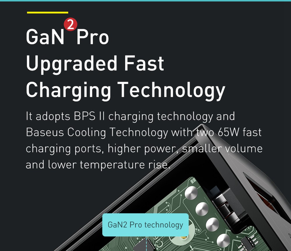 Baseus GaN2 Pro Quick Charger 2C+U 65W  With Fast Charging Cable Type-C  to Type-C 100W EU Plug -Black