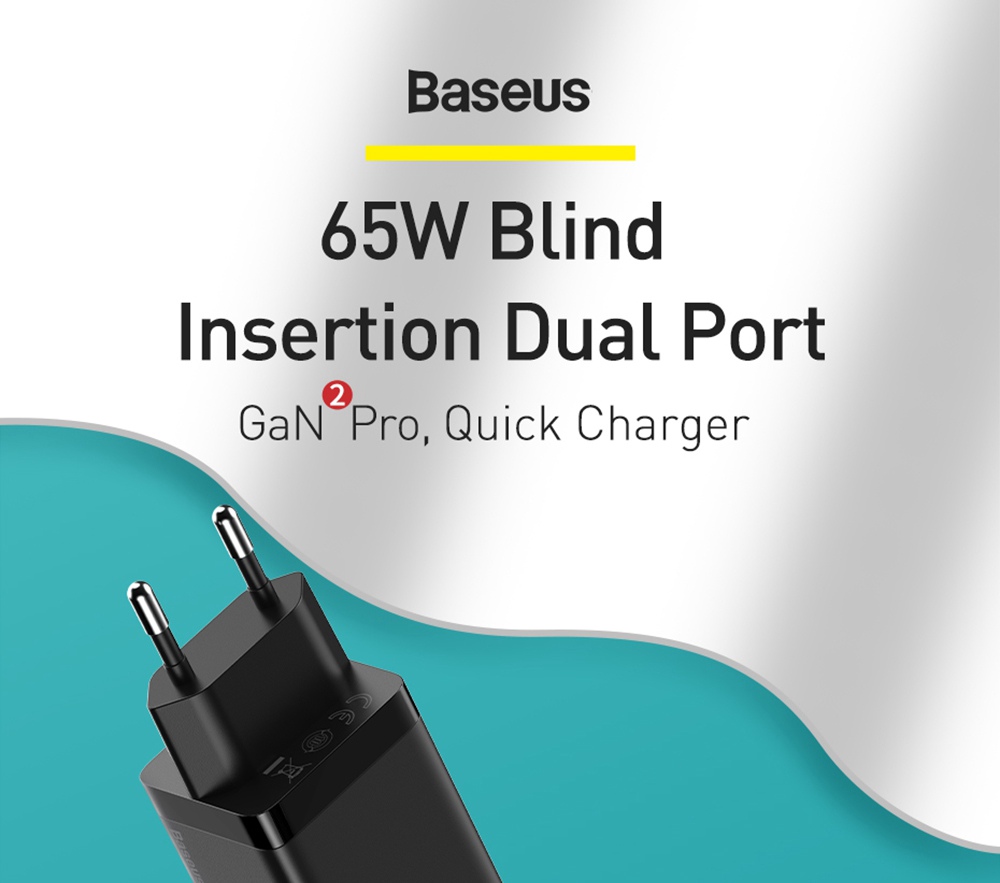 Baseus GaN2 Pro Quick Charger 2C+U 65W With Fast Charging Cable Type-C  to Type-C 100W for iPhone 12 EU Plug  -White