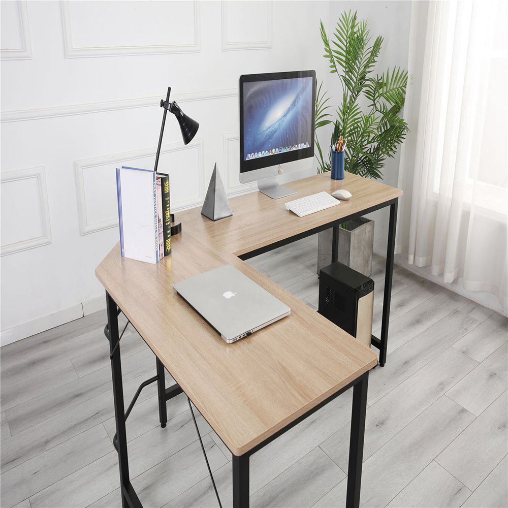 Home Office L-shaped Combination Corner Table Steel Frame Oak Material With Removable Main Tray For Reading Writing Computer - Black + Log Color