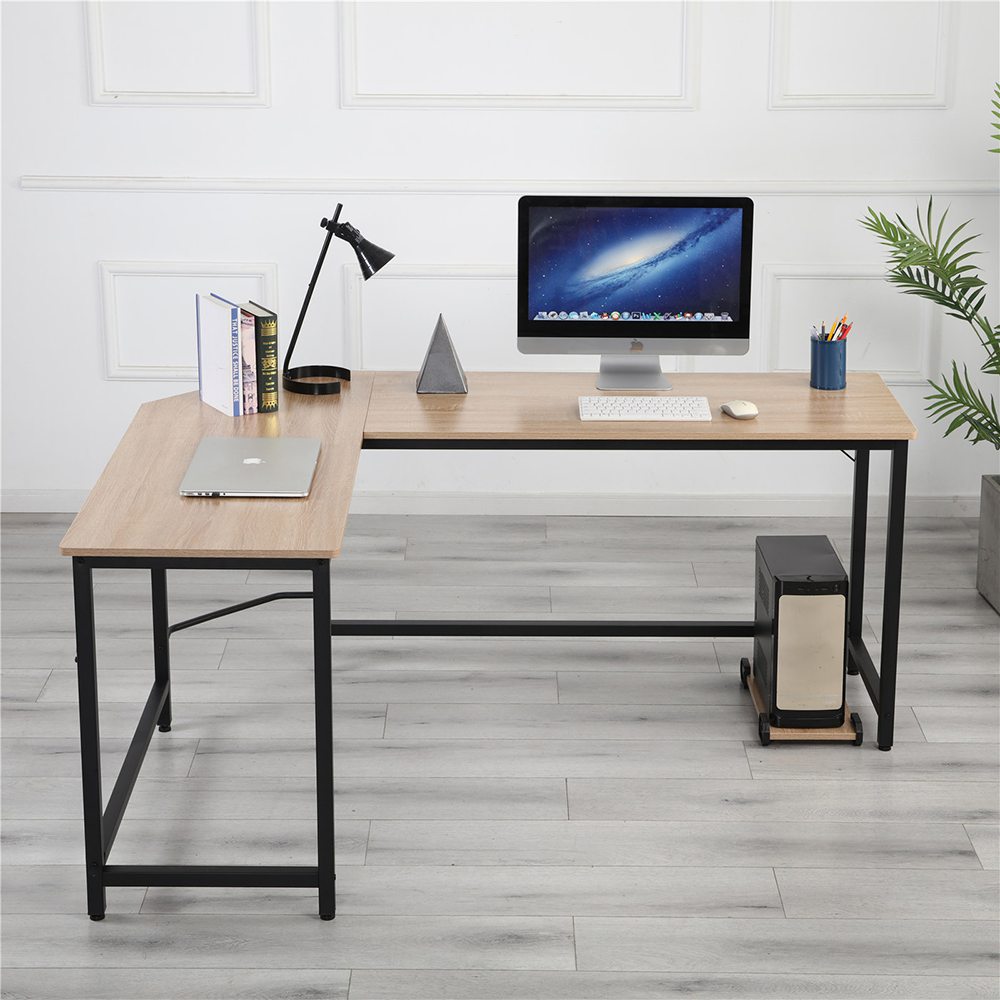 Home Office L-shaped Combination Corner Table Steel Frame Oak Material With Removable Main Tray For Reading Writing Computer - Black + Log Color