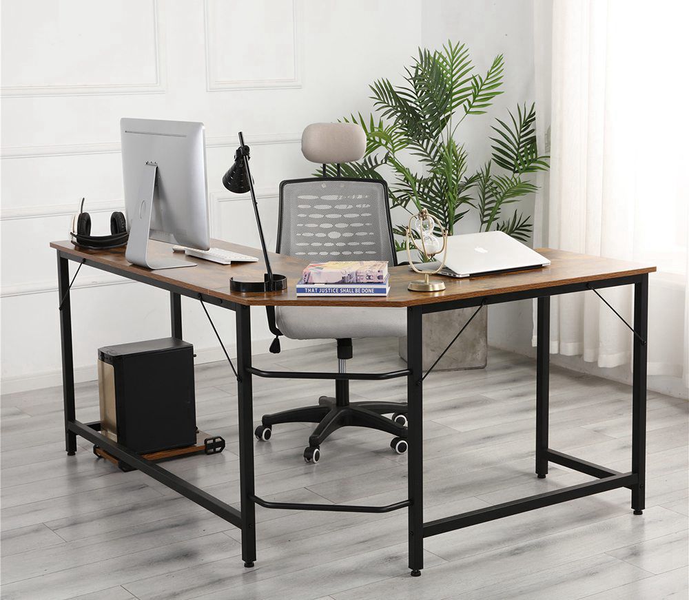 Home Office L-shaped Combination Corner Table Steel Frame Oak Material With Removable Main Tray For Reading Writing Computer - Black + Wood Grain