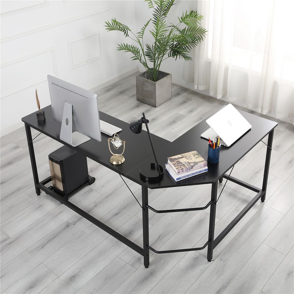 Home Office L-shaped Combination Corner Table Steel Frame Oak Material With Removable Main Tray For Reading Writing Computer - Black