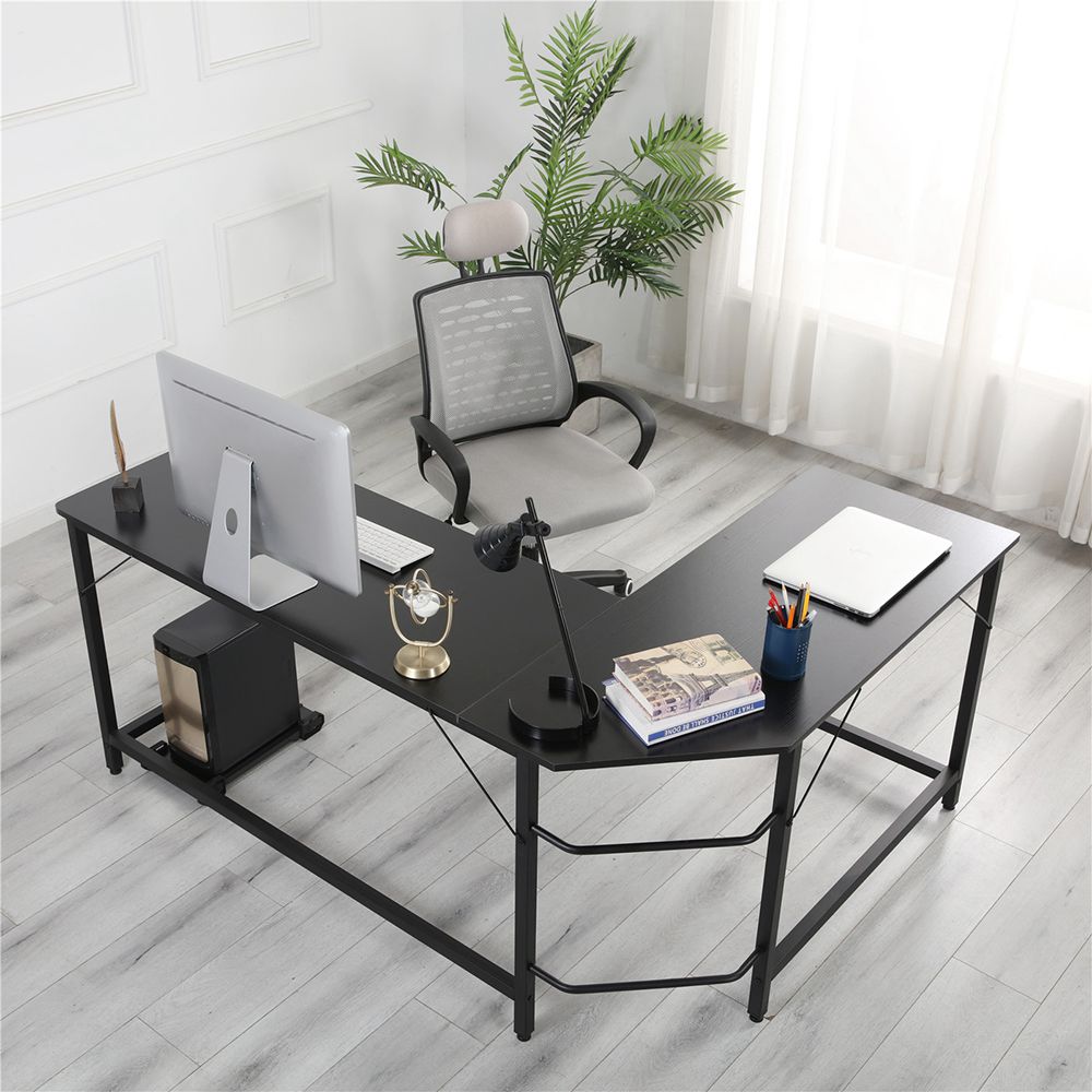 Home Office L-shaped Combination Corner Table Steel Frame Oak Material With Removable Main Tray For Reading Writing Computer - Black