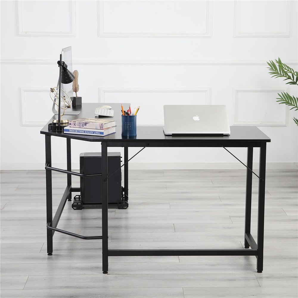 Home Office L-shaped Combination Corner Table Steel Frame Oak Material With Removable Main Tray For Reading Writing Computer - Black