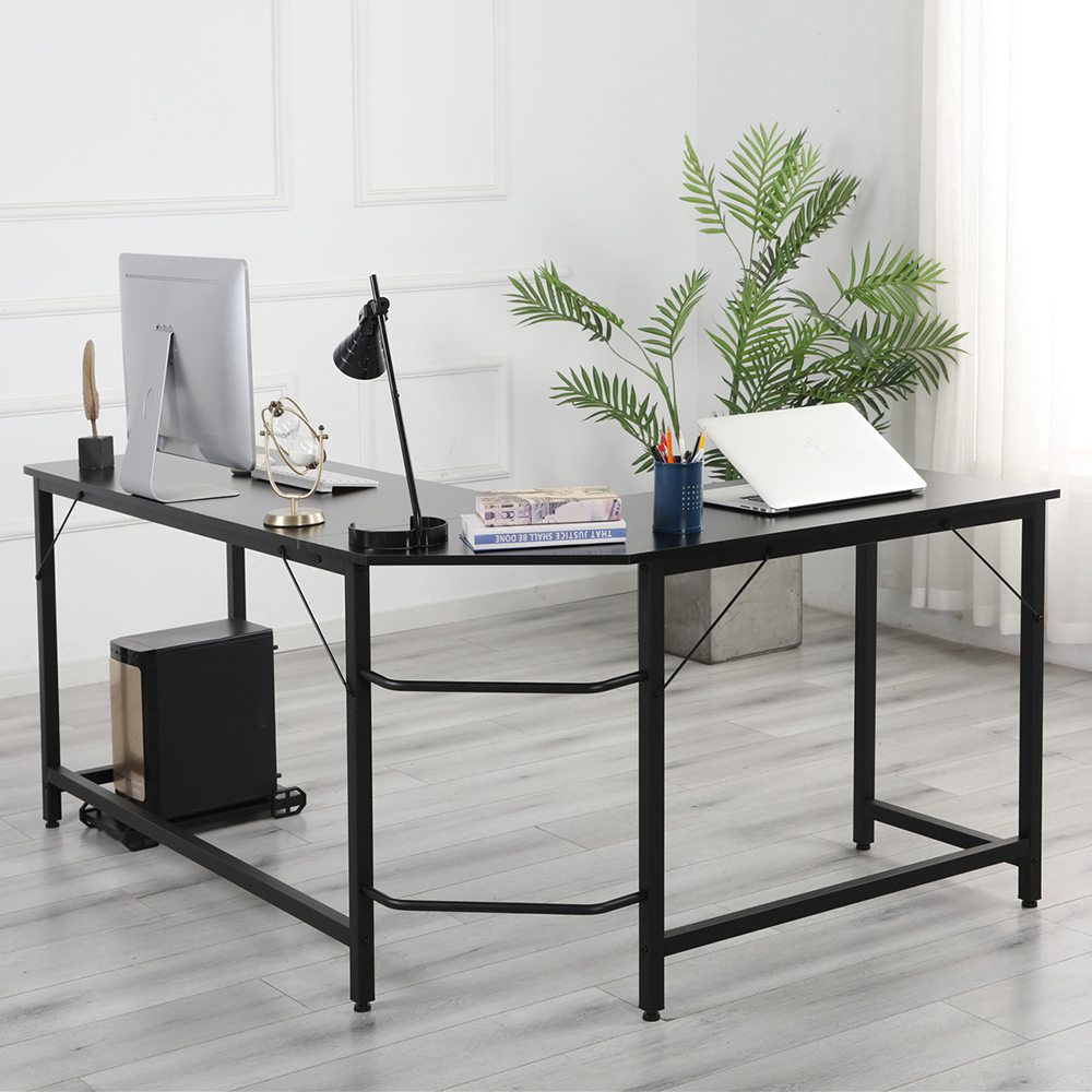 Home Office L-shaped Combination Corner Table Steel Frame Oak Material With Removable Main Tray For Reading Writing Computer - Black