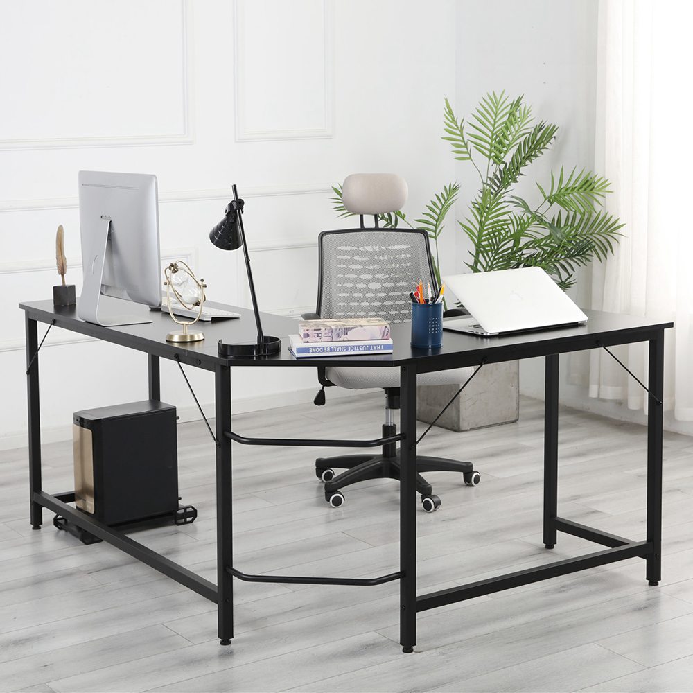 Home Office L-shaped Combination Corner Table Steel Frame Oak Material With Removable Main Tray For Reading Writing Computer - Black