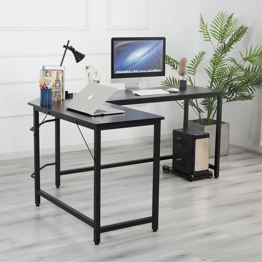 Home Office L-shaped Combination Corner Table Steel Frame Oak Material With Removable Main Tray For Reading Writing Computer - Black