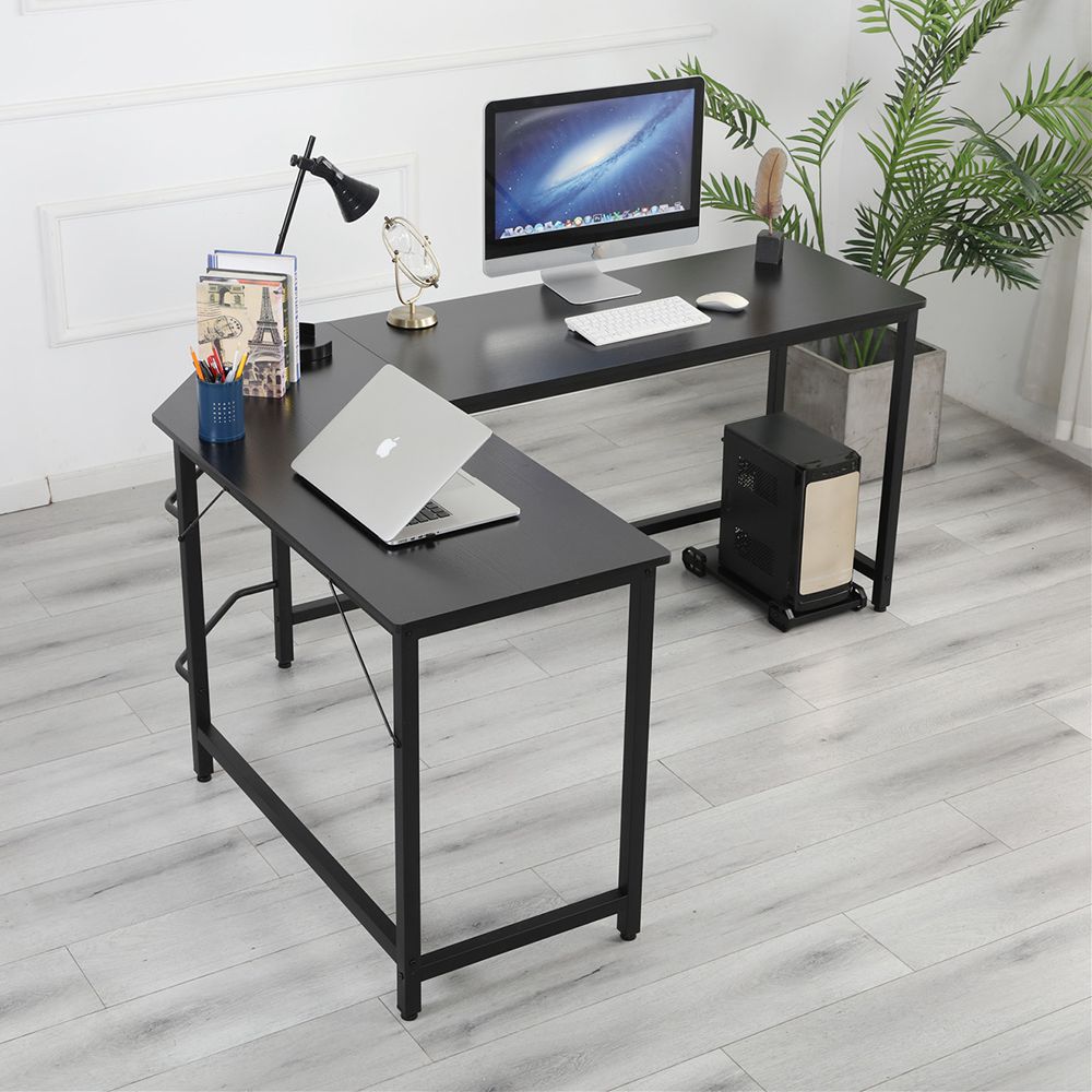 Home Office L-shaped Combination Corner Table Steel Frame Oak Material With Removable Main Tray For Reading Writing Computer - Black