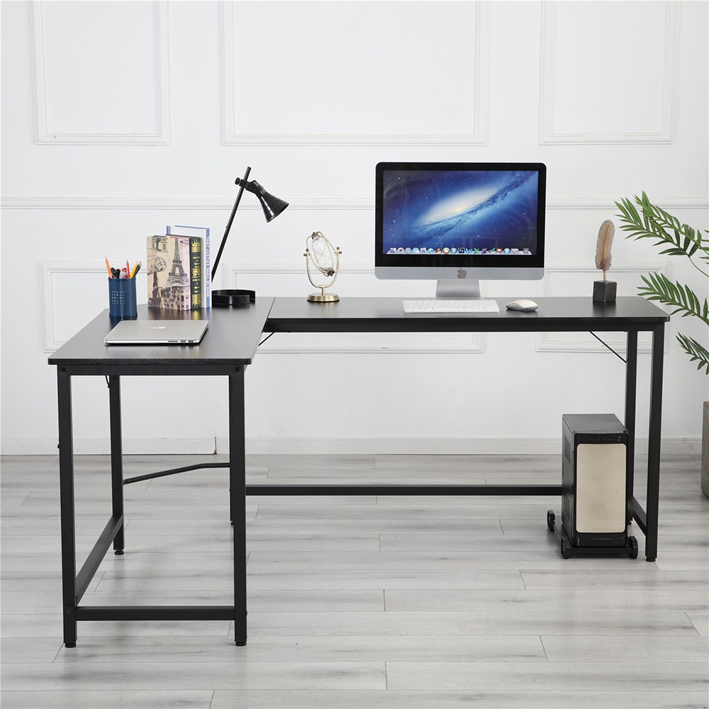 Home Office L-shaped Combination Corner Table Steel Frame Oak Material With Removable Main Tray For Reading Writing Computer - Black