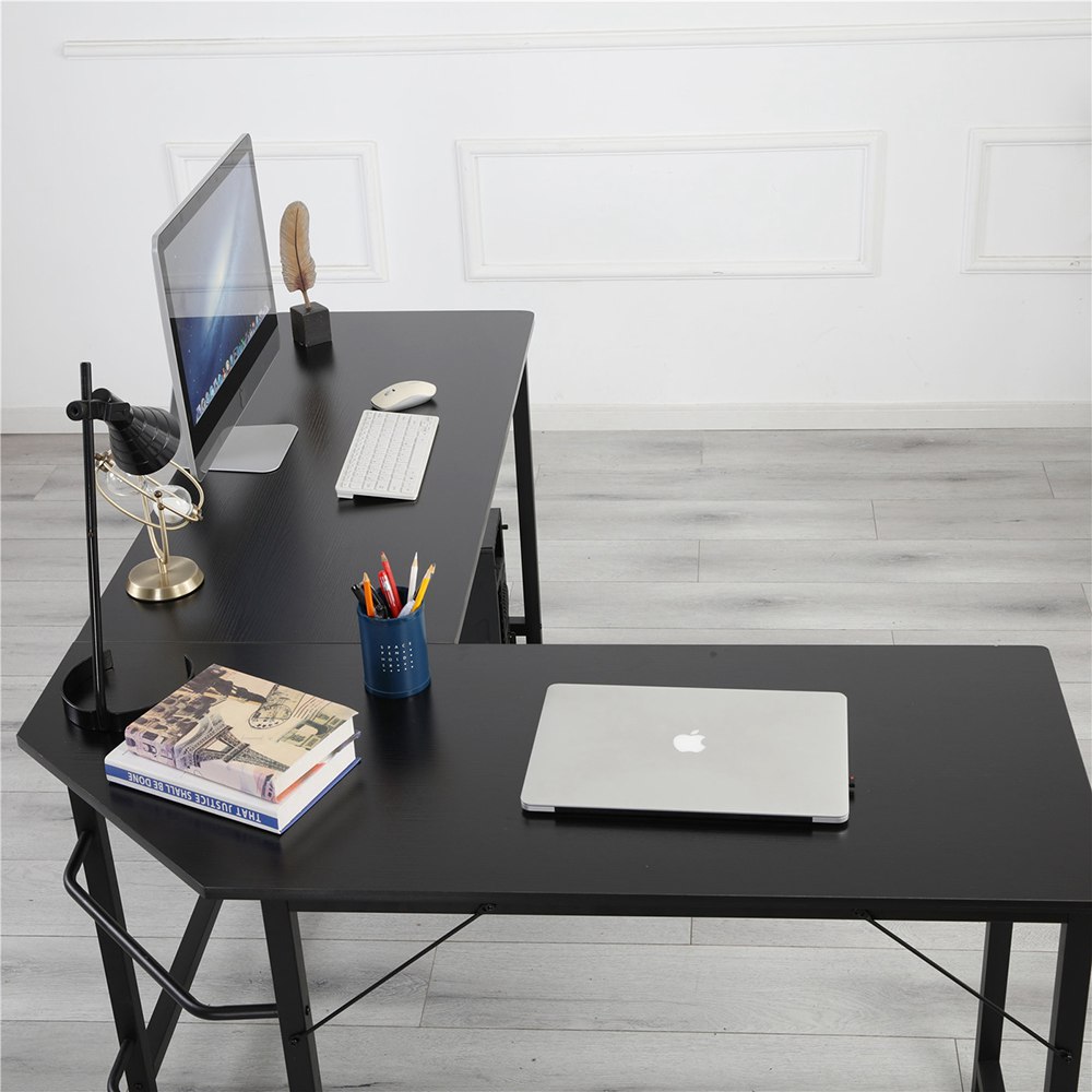 Home Office L-shaped Combination Corner Table Steel Frame Oak Material With Removable Main Tray For Reading Writing Computer - Black