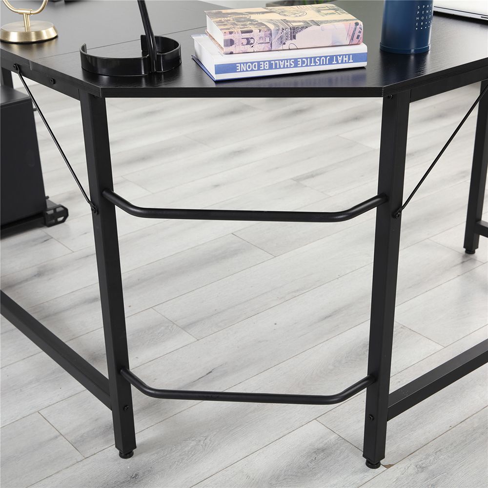 Home Office L-shaped Combination Corner Table Steel Frame Oak Material With Removable Main Tray For Reading Writing Computer - Black