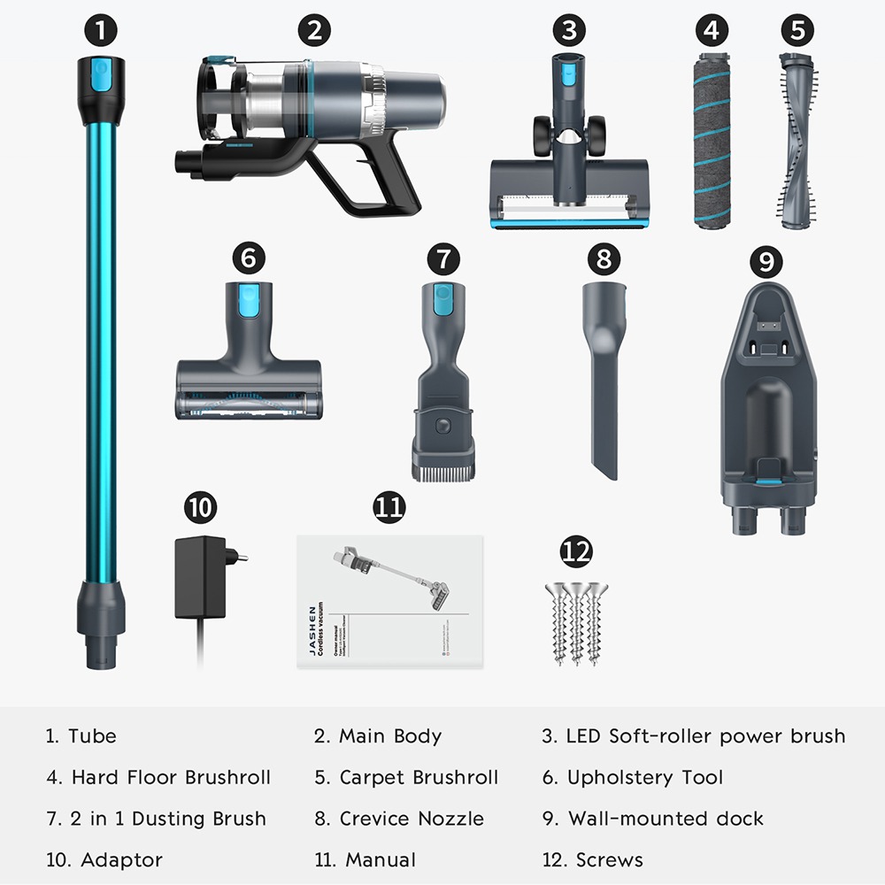 JASHEN V18 Cordless Vacuum Cleaner, 350W Power Strong Suction 2 LED Powered Brushes Cordless Stick Vacuum, Dual Charging Wall Mount for Carpet Hardwood Floor Rug Pet Hair - Blue