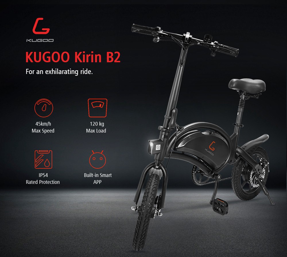 KUGOO Kirin B2 Bicicletta elettrica pieghevole per ciclomotore E-Scooter con pedali Motore senza spazzole da 400 W Velocità massima 45 km / h Batteria al litio da 7.5 Ah Freno a disco Pneumatici da 14 pollici Controllo intelligente delle app - Nero