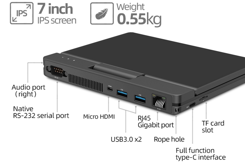 One Netbook A1 360 Degree 2 in 1 Pocket Laptop Intel M3-8100Y 7 "Touch Screen 2560 * 1200 IPS 16GB RAM 512GB PCIe SSD RS232 Port Gigabit RJ45 Windows 10 Fingerprint - Black