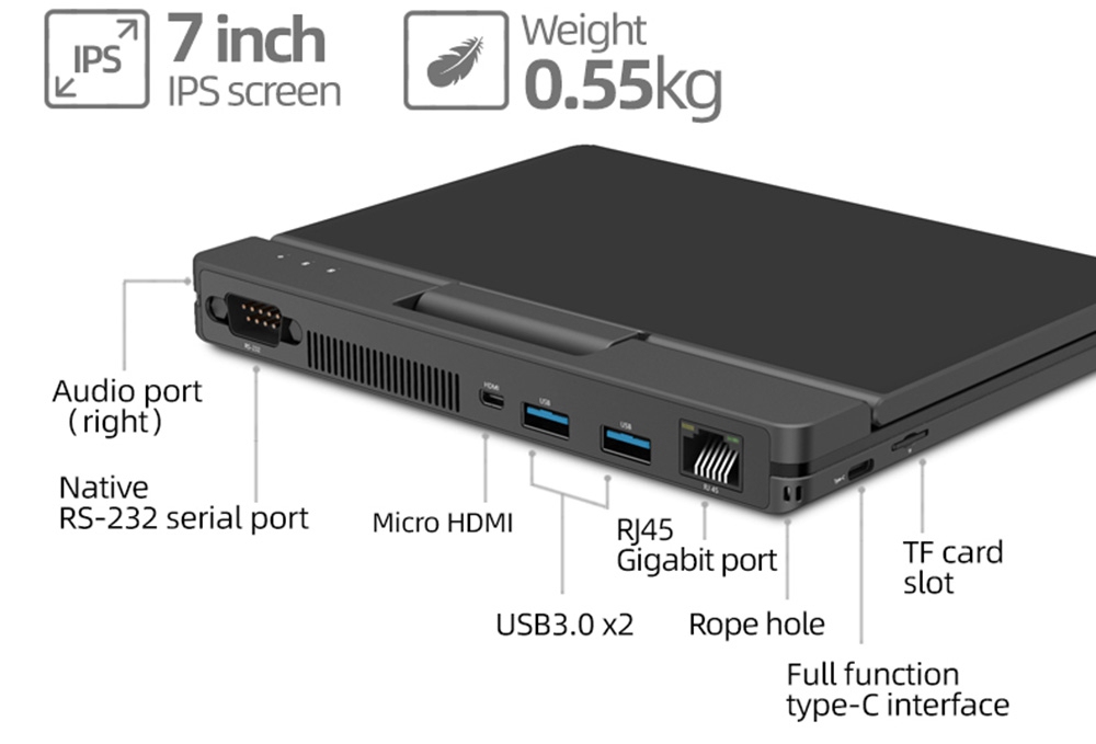 One Netbook  A1 360 Degree 2 in 1 Pocket Laptop Intel M3-8100Y  7" Touch Screen 2560*1200 IPS 8GB RAM 256GB PCIe SSD RS232 Port Gigabit RJ45 Windows 10 Fingerprint- Black