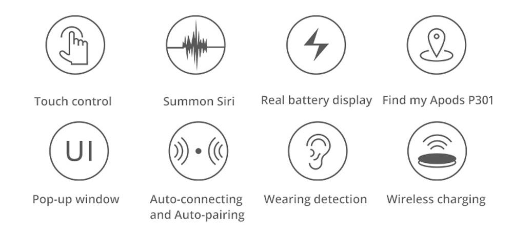 P301 ANC Bluetooth 5.0 TWS Earbuds Έλεγχος αφής Ενεργός θόρυβος Ακύρωση ασύρματης φόρτισης Pop Up Pairing Αυτόματη σύνδεση Ανίχνευση φθοράς