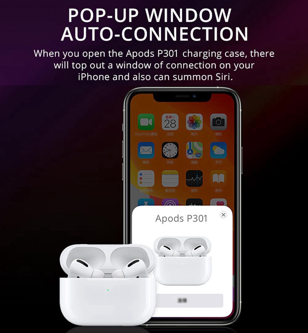 P301 ANC Bluetooth 5.0 TWS Earbuds Touch Control Cancelamento ativo de ruído pop-up de carregamento sem fio Emparelhamento Detecção de desgaste de conexão automática