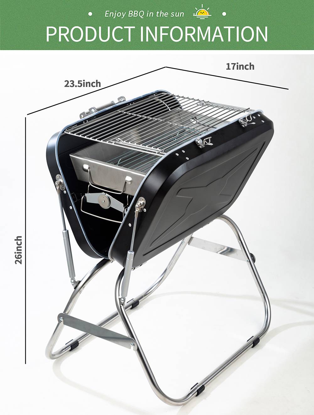 Portable Foldable Charcoal Grill Stainless Steel Material For Outdoor Camping Terrace Picnic - Black