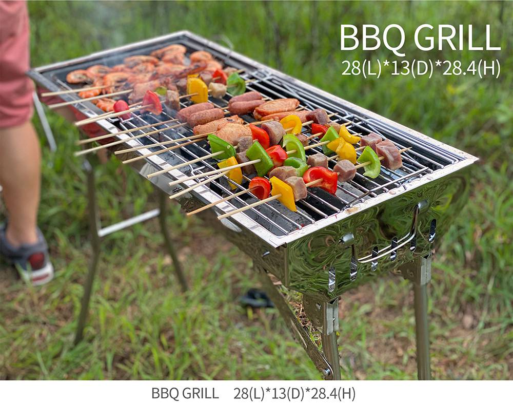 Portable Folding Barbecue Grill Stainless Steel Material Adjustable Height and Angle With Nonstick Square Baking Pan For Outdoor Camping Terrace Picnic - Silver