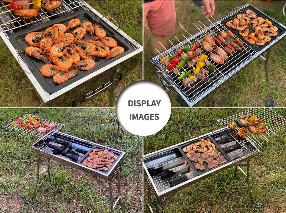 Portable Folding Barbecue Grill Stainless Steel Material Adjustable Height and Angle With Nonstick Square Baking Pan For Outdoor Camping Terrace Picnic - Silver