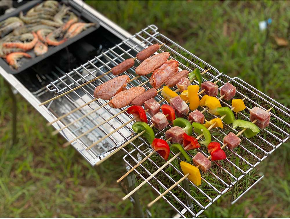 Portable Folding Barbecue Grill Stainless Steel Material Adjustable Height and Angle With Nonstick Square Baking Pan For Outdoor Camping Terrace Picnic - Silver