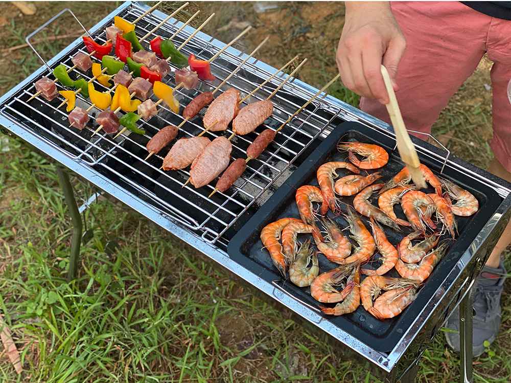 Portable Folding Barbecue Grill Stainless Steel Material Adjustable Height and Angle With Nonstick Square Baking Pan For Outdoor Camping Terrace Picnic - Silver