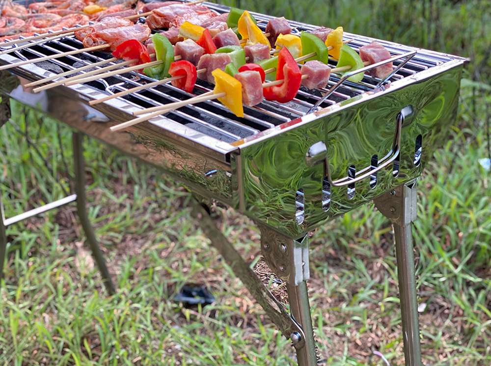 Portable Folding Barbecue Grill Stainless Steel Material Adjustable Height and Angle With Nonstick Square Baking Pan For Outdoor Camping Terrace Picnic - Silver